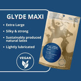 The image showcases Glyde Maxi LARGE Size Vegan Condoms, offering an extra-large size and silky strength. These vegan condoms are crafted from sustainably produced natural latex and lightly lubricated for added comfort. Certified vegan with natural ingredients, they provide a responsible choice for those with discerning preferences.